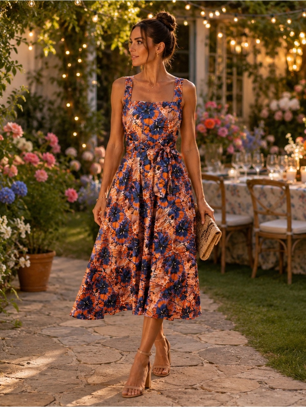 A|LOUD Rabina Floral Midi Dress Belted Square Neck Sz 42 US Medium
